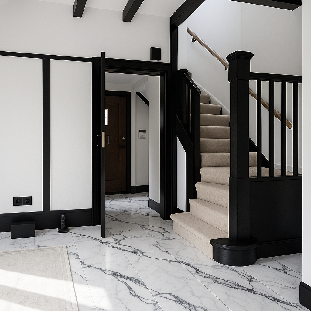 After - Make this a modern hallway with black + marble accents