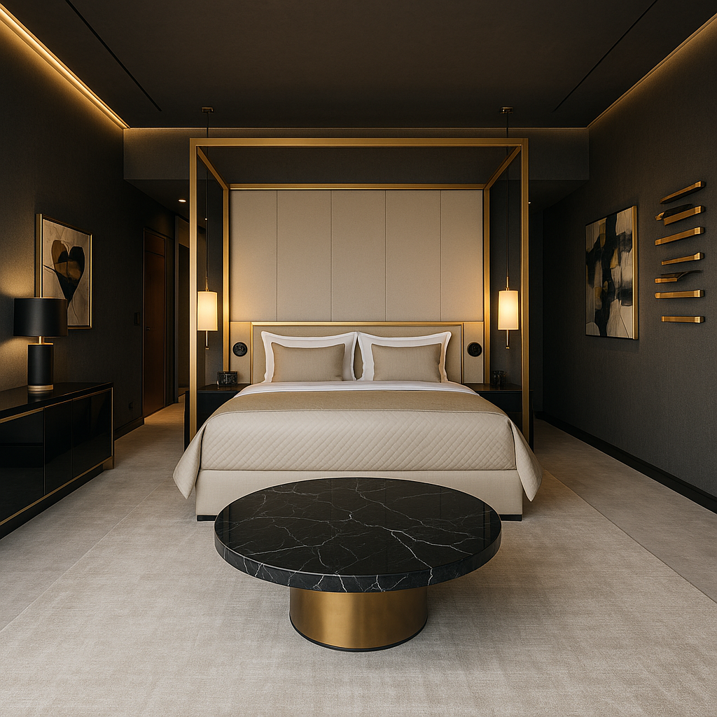 After - Dark luxury hotel style bedroom makeover